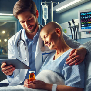 healthcare provider comforting a cancer patient in a hospital bed.